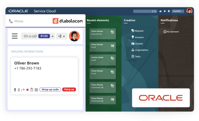 Il banner degli agenti Diabolocom está disponible en su interfaz gracias a la integración CTI de Oracle Service Cloud.