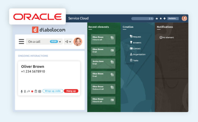 Il banner degli agenti Diabolocom está disponible en su interfaz gracias a la integración CTI de Oracle Service Cloud.
