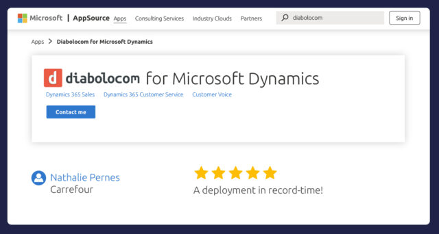 L'integrazione della telefonia Diabolocom è disponibile sul Microsoft Marketplace.