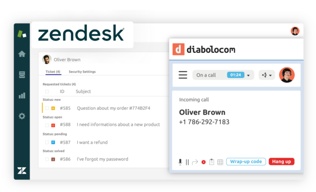 El software de Diabolocom es accesible en su interfaz gracias a la integración CTI de Zendesk.