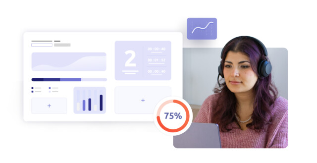 Agente di supporto con capelli viola e cuffie lavora al laptop; accanto, una dashboard con statistiche di performance e un indicatore di progresso al 75%